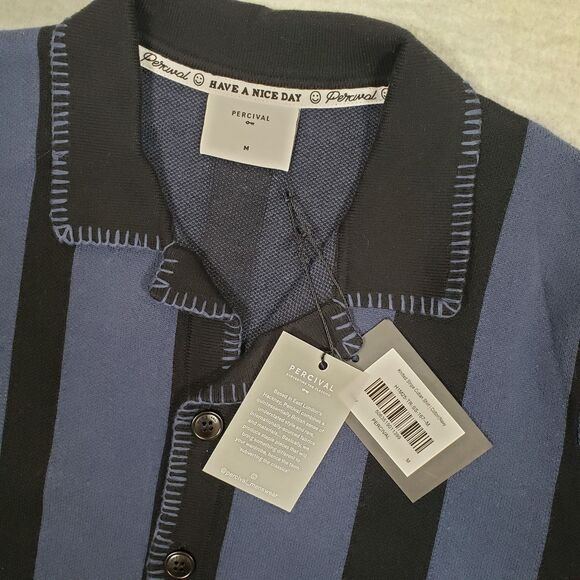 New! Percival Knitted Stripe Cuban Shirt Mens Medium Blue Black Camp Summer - Picture 3 of 6